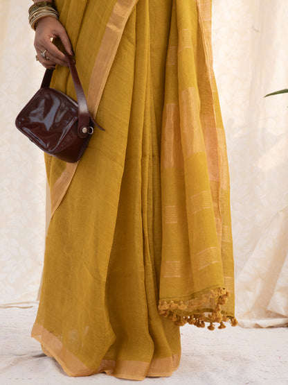 On Repeat - Yellow Handloom Linen Saree with Zari Border