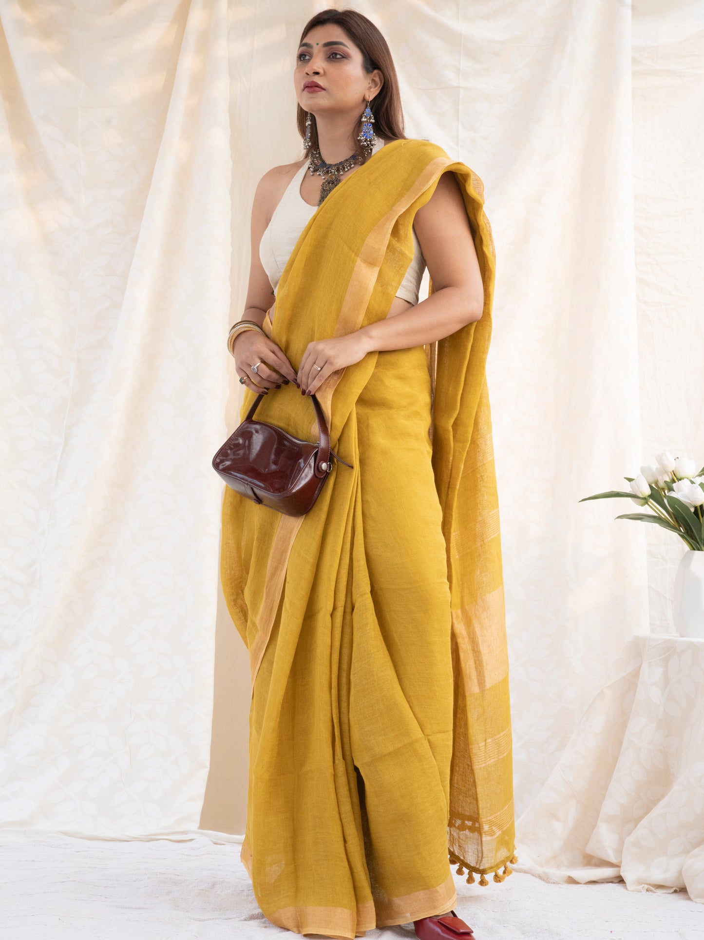 On Repeat - Yellow Handloom Linen Saree with Zari Border