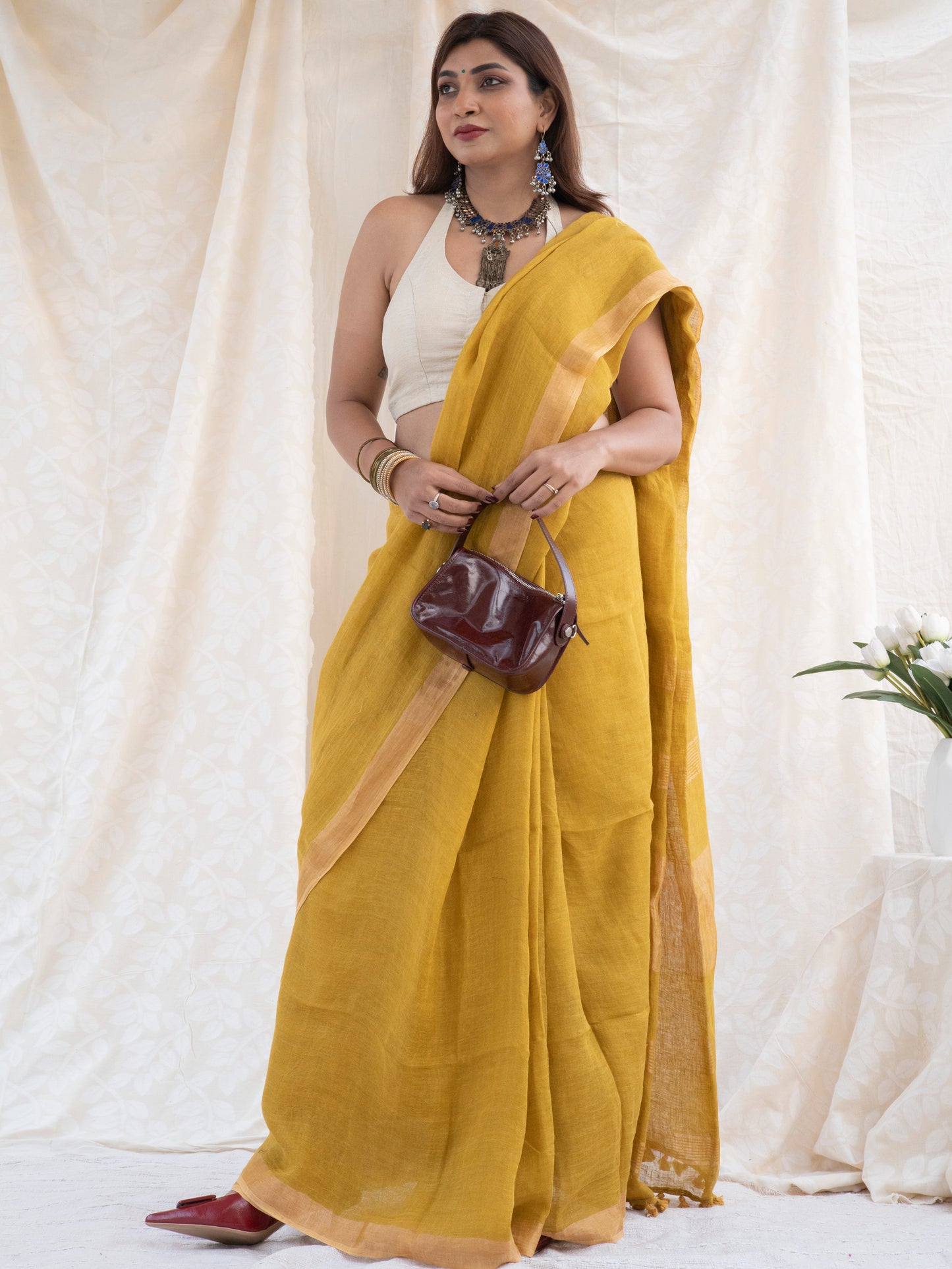 On Repeat - Yellow Handloom Linen Saree with Zari Border