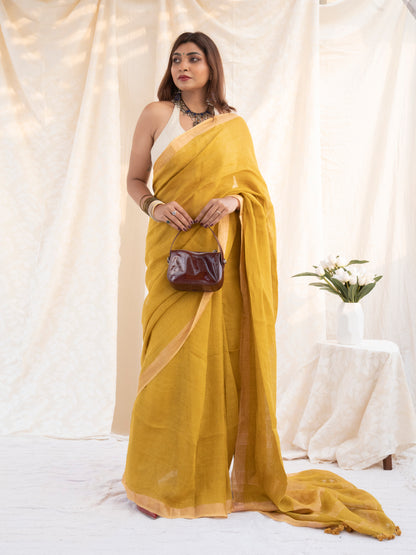 On Repeat - Yellow Handloom Linen Saree with Zari Border