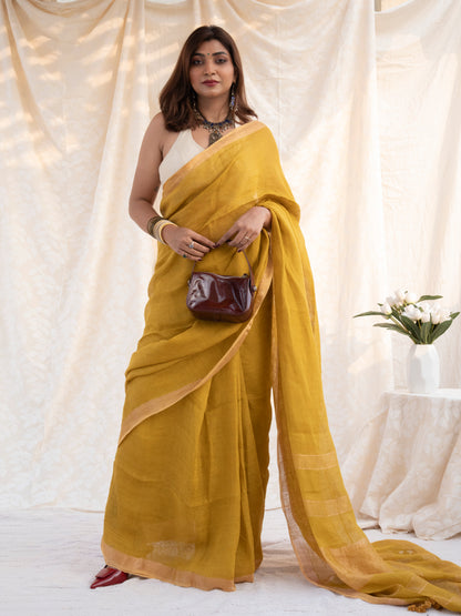 On Repeat - Yellow Handloom Linen Saree with Zari Border