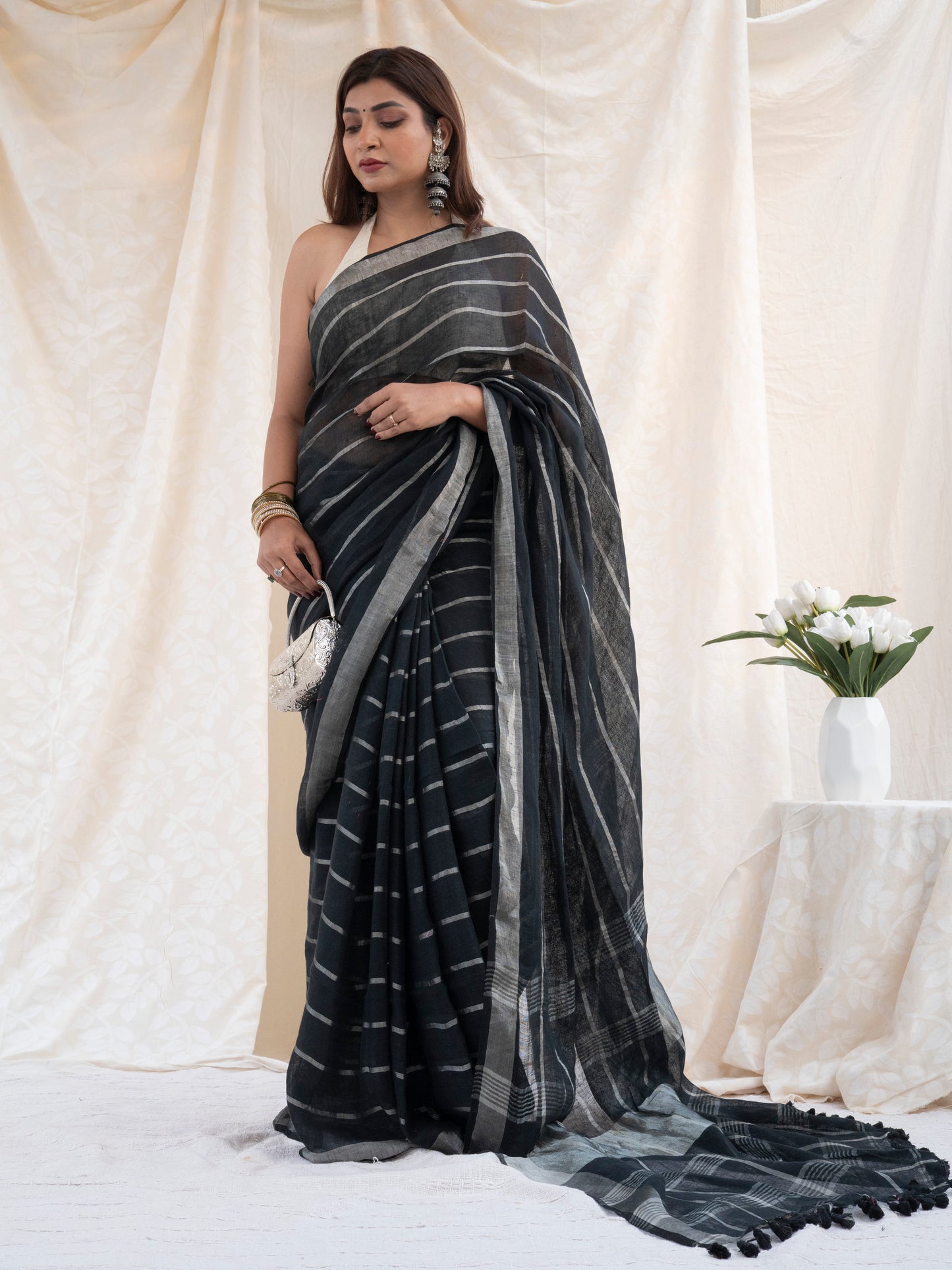 Line Item - Black Striped Pure Handloom Linen Saree with Zari Border