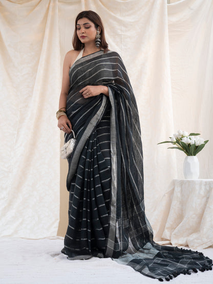 Line Item - Black Striped Pure Handloom Linen Saree with Zari Border