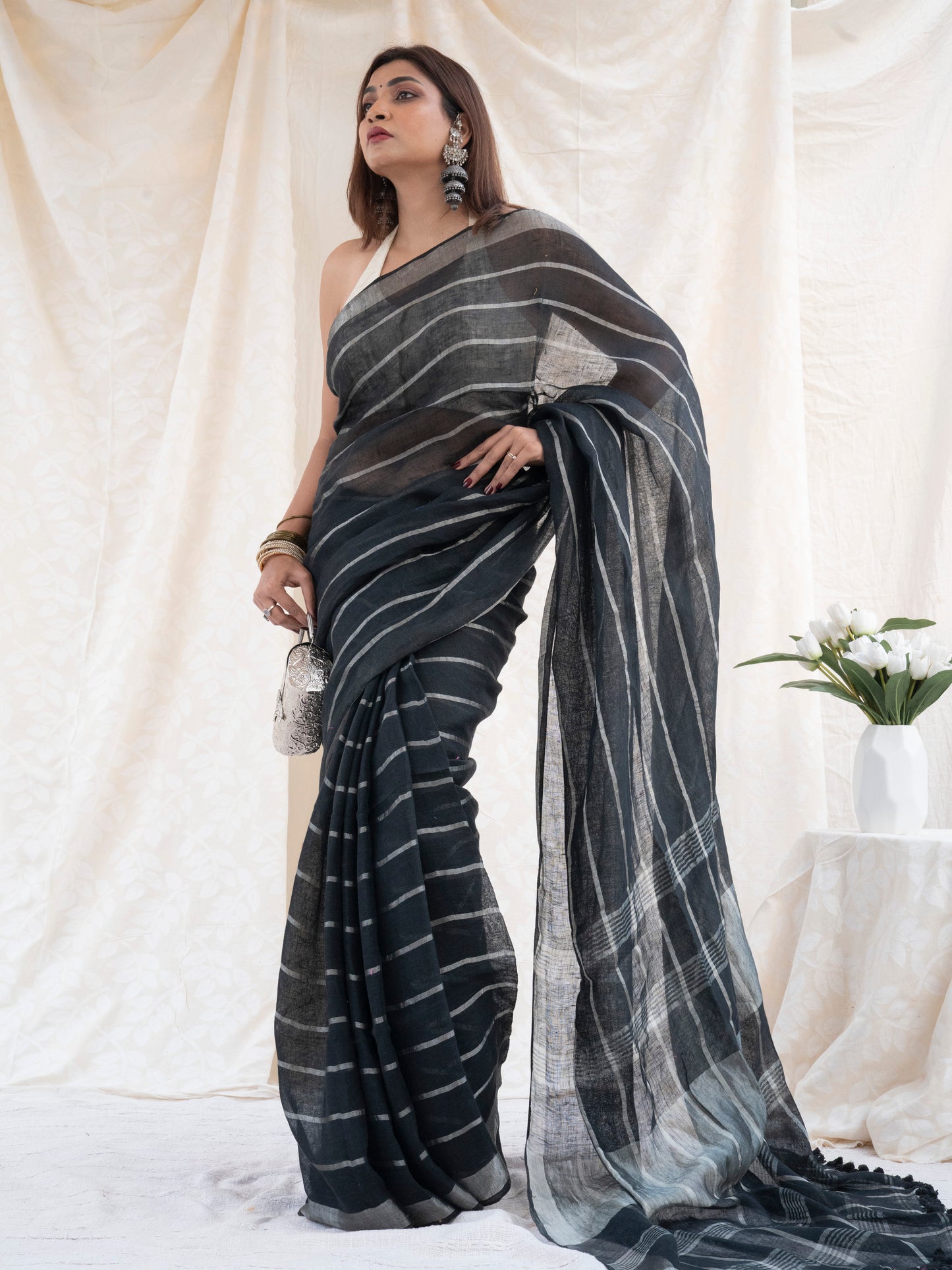 Line Item - Black Striped Pure Handloom Linen Saree with Zari Border