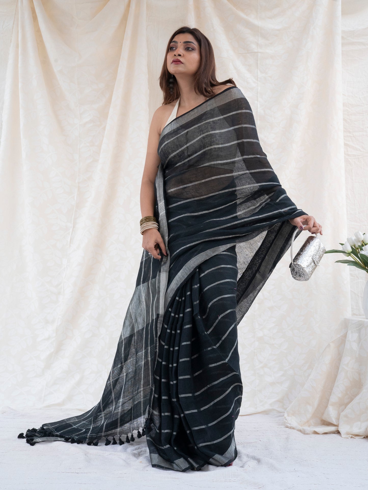 Line Item - Black Striped Pure Handloom Linen Saree with Zari Border