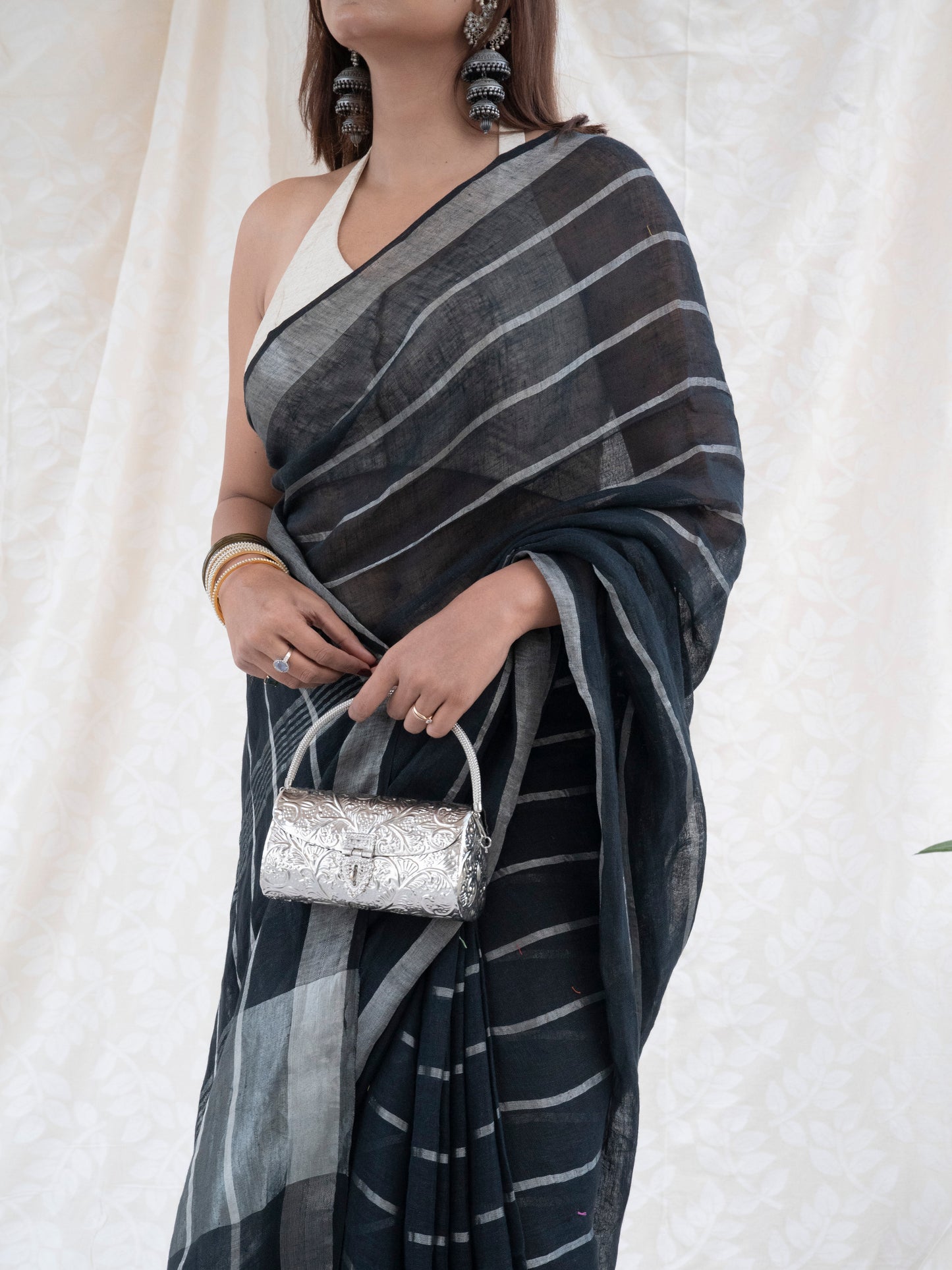 Line Item - Black Striped Pure Handloom Linen Saree with Zari Border
