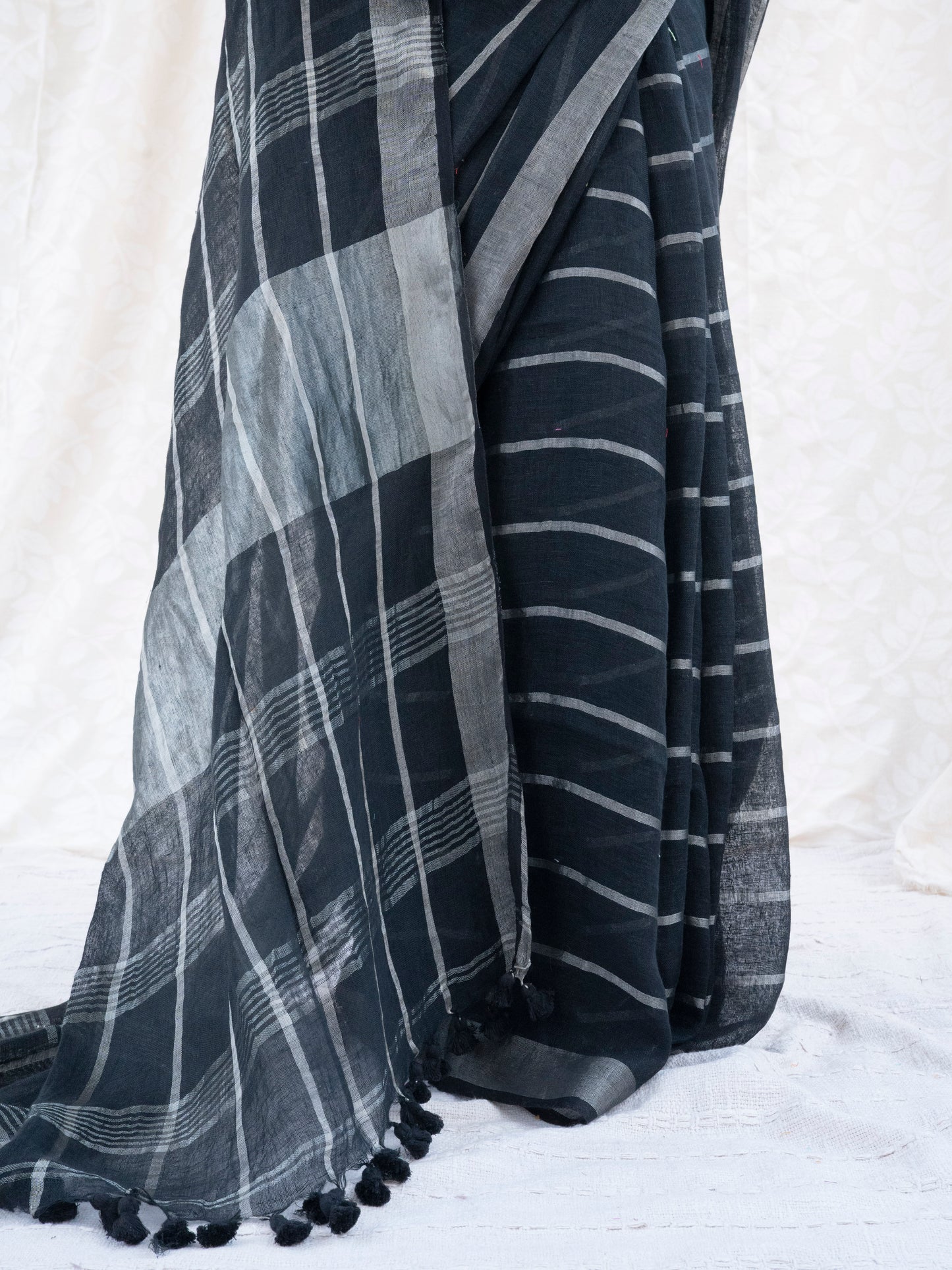 Line Item - Black Striped Pure Handloom Linen Saree with Zari Border