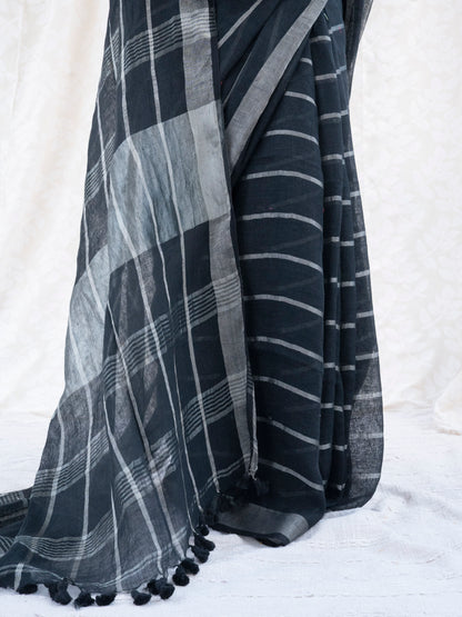 Line Item - Black Striped Pure Handloom Linen Saree with Zari Border
