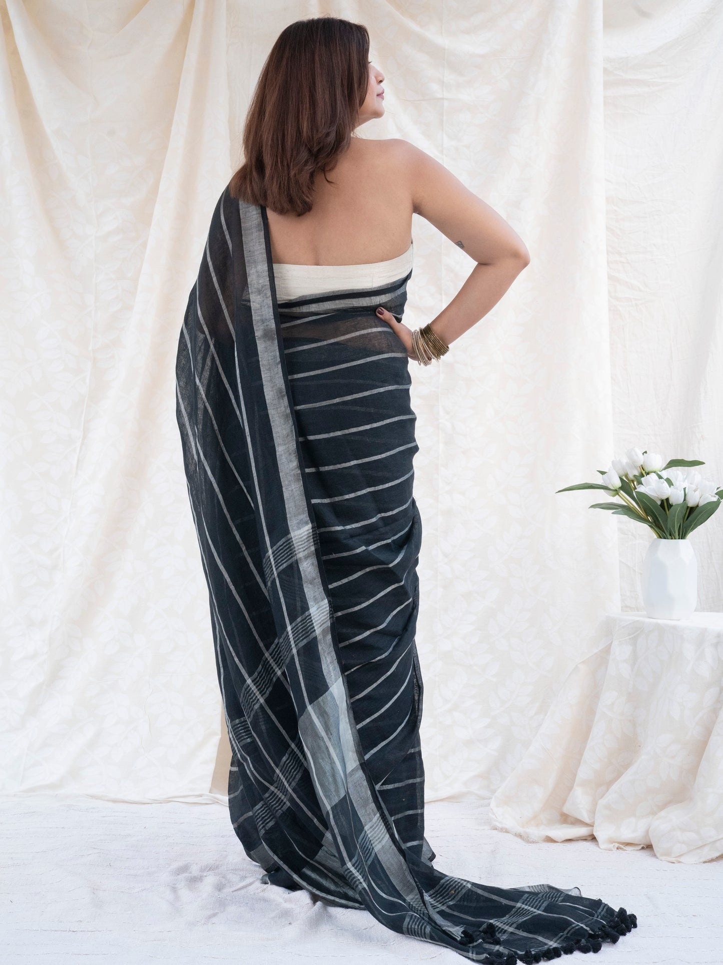 Line Item - Black Striped Pure Handloom Linen Saree with Zari Border