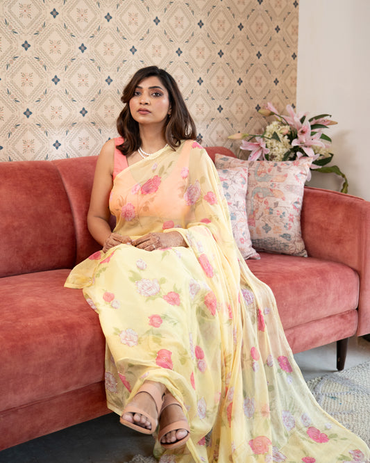 Vintage Yellow Chiffon Saree