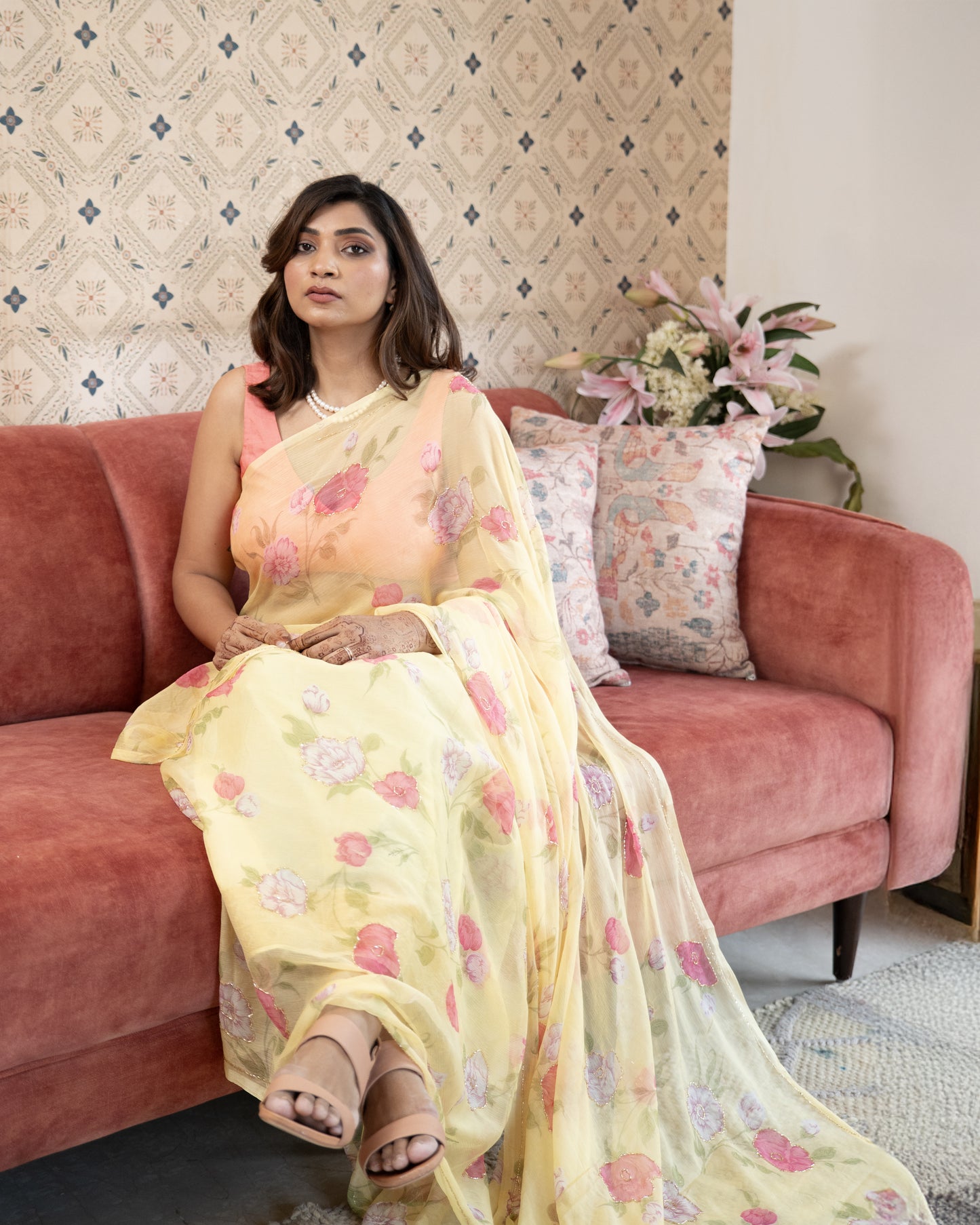 Vintage Yellow Chiffon Saree