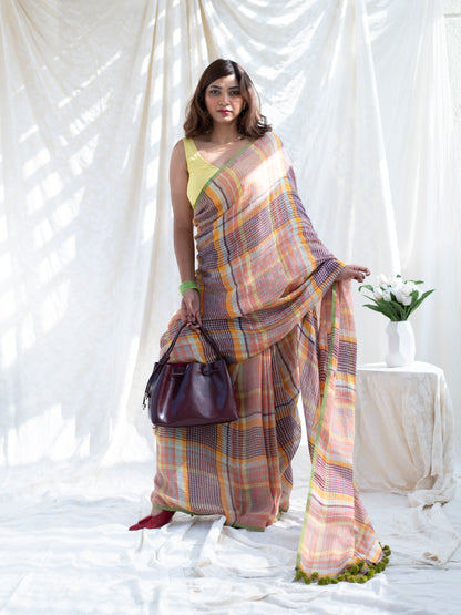Boardroom - Multicolour Checked Pure Handloom Linen Saree