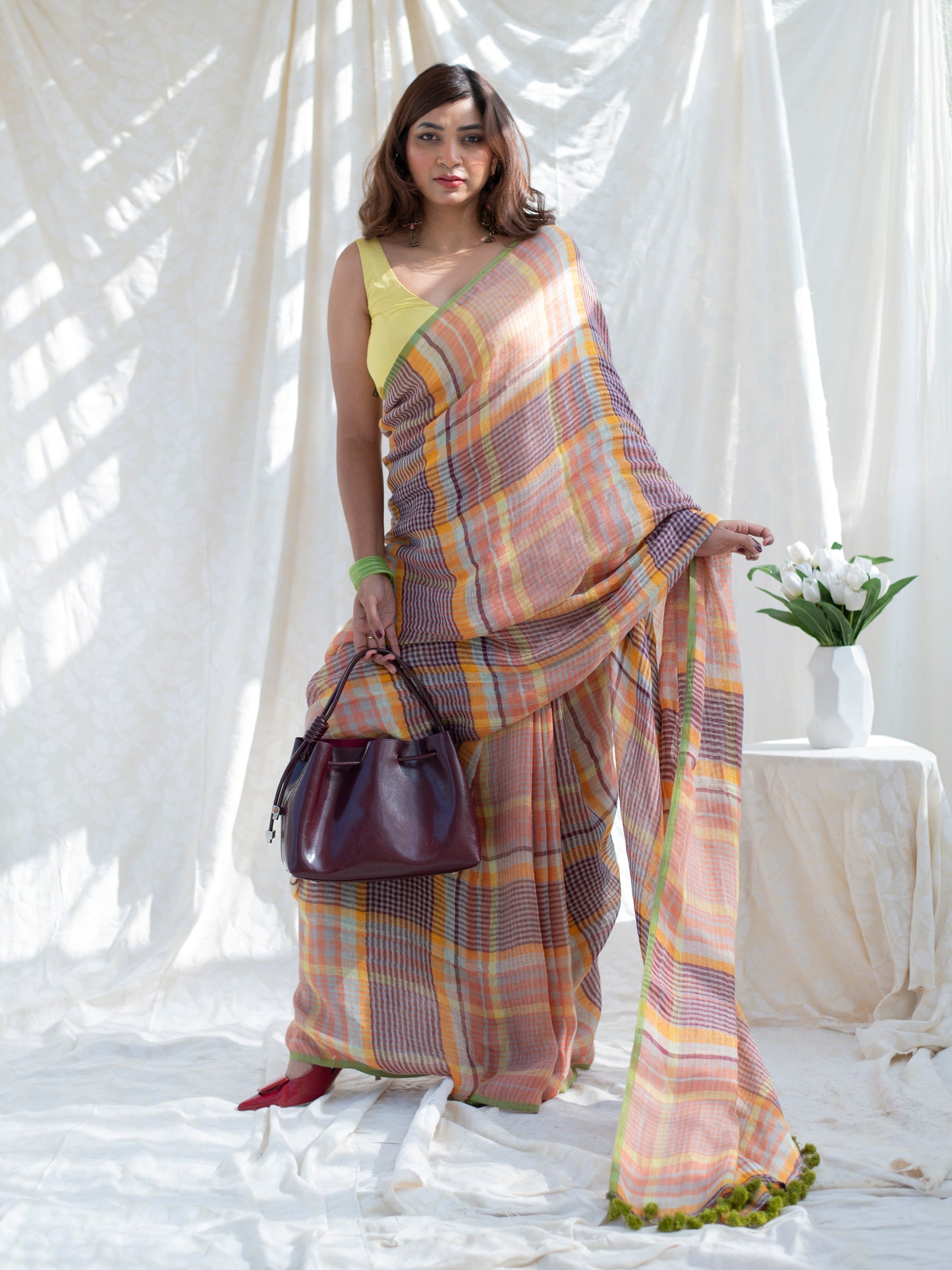 Boardroom - Multicolour Checked Pure Handloom Linen Saree