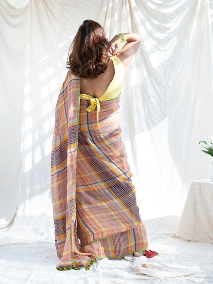 Boardroom - Multicolour Checked Pure Handloom Linen Saree
