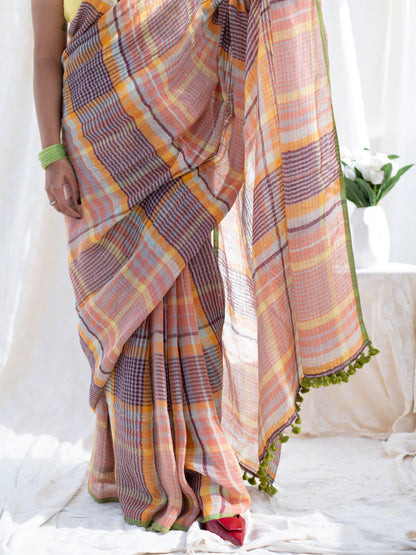 Boardroom - Multicolour Checked Pure Handloom Linen Saree