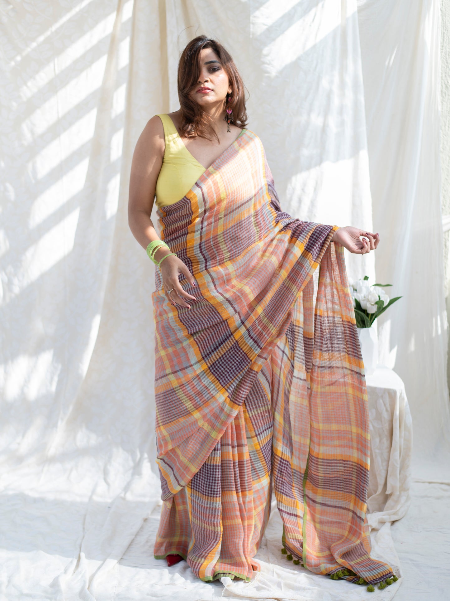Boardroom - Multicolour Checked Pure Handloom Linen Saree