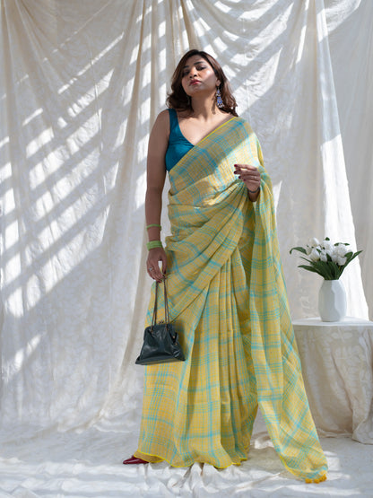 Out & About - Yellow Striped Pure Handloom Linen Saree