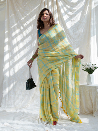 Out & About - Yellow Striped Pure Handloom Linen Saree