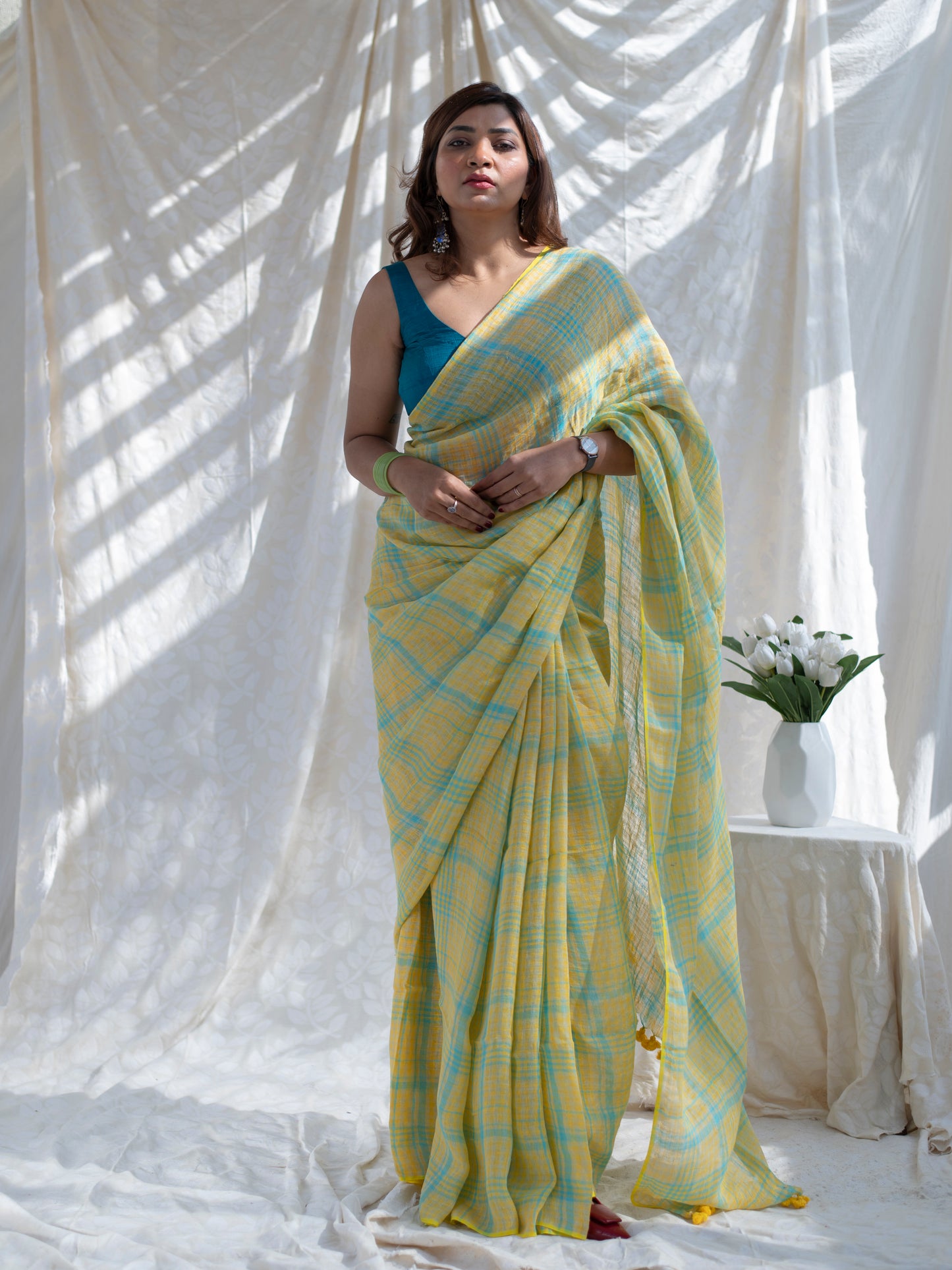 Out & About - Yellow Striped Pure Handloom Linen Saree