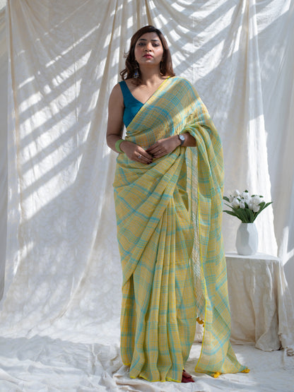 Out & About - Yellow Striped Pure Handloom Linen Saree