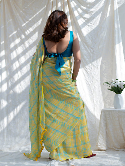 Out & About - Yellow Striped Pure Handloom Linen Saree