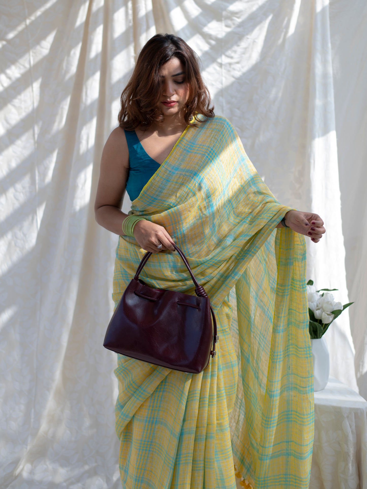 Out & About - Yellow Striped Pure Handloom Linen Saree