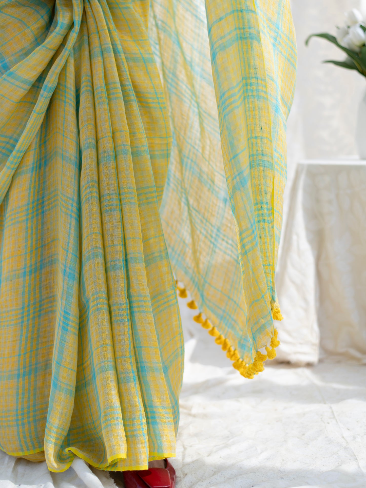 Out & About - Yellow Striped Pure Handloom Linen Saree