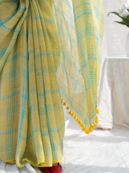 Out & About - Yellow Striped Pure Handloom Linen Saree