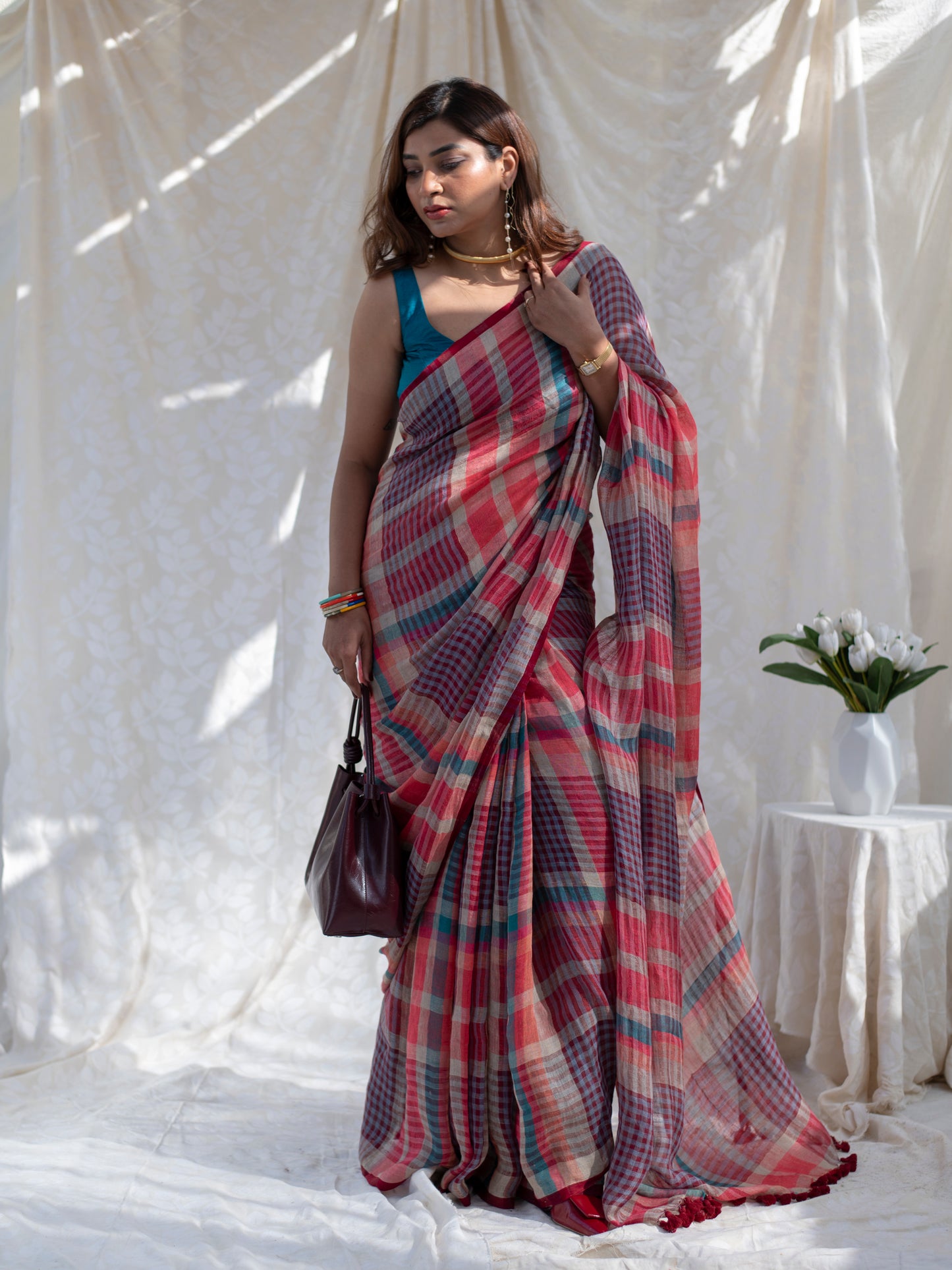 Corner Office - Multicolour Checked Pure Handloom Linen Saree