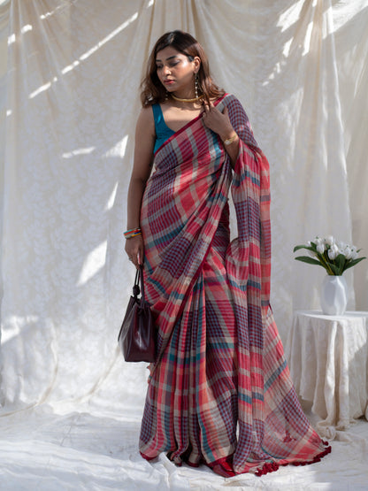 Corner Office - Multicolour Checked Pure Handloom Linen Saree