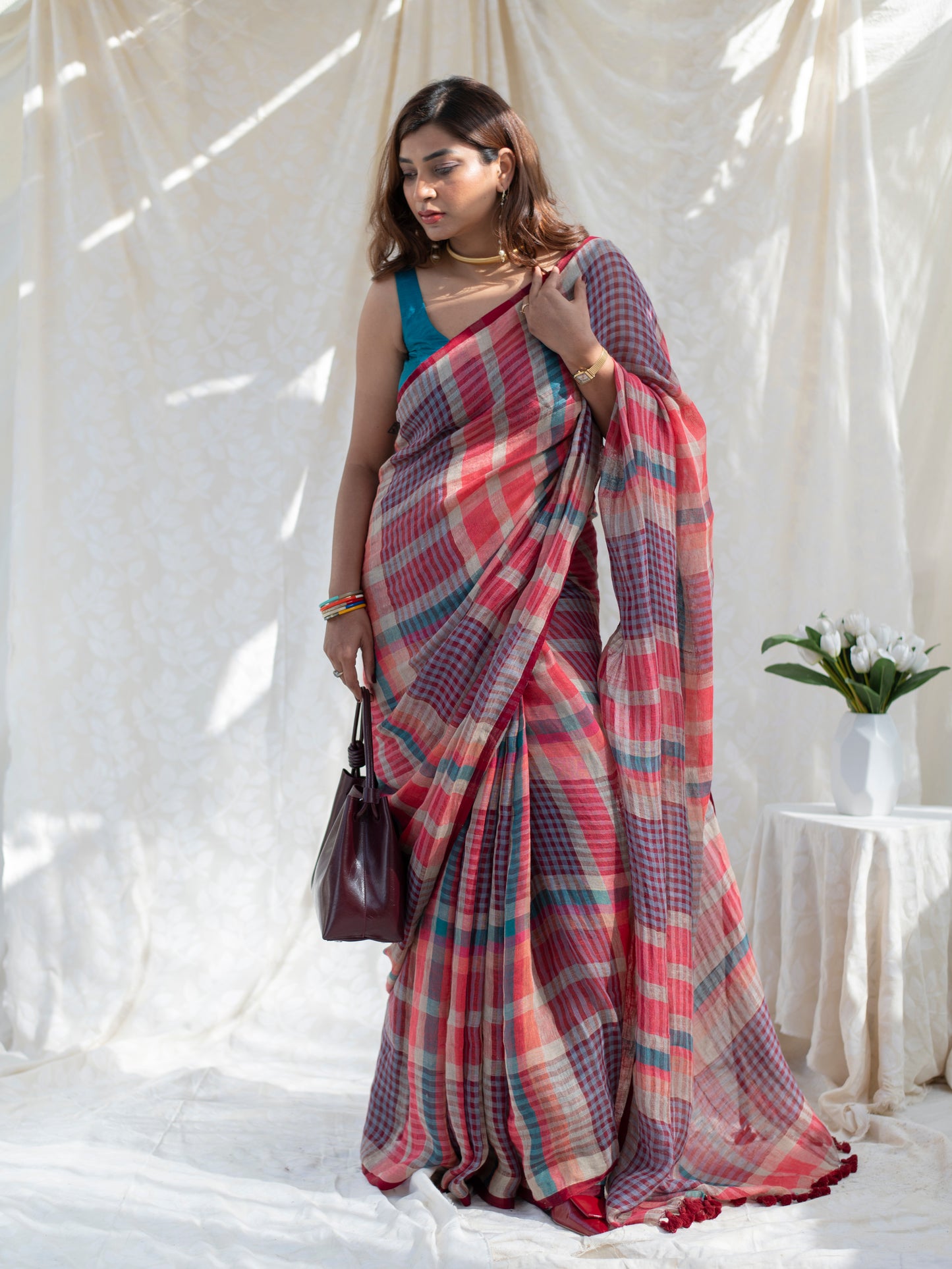 Corner Office - Multicolour Checked Pure Handloom Linen Saree
