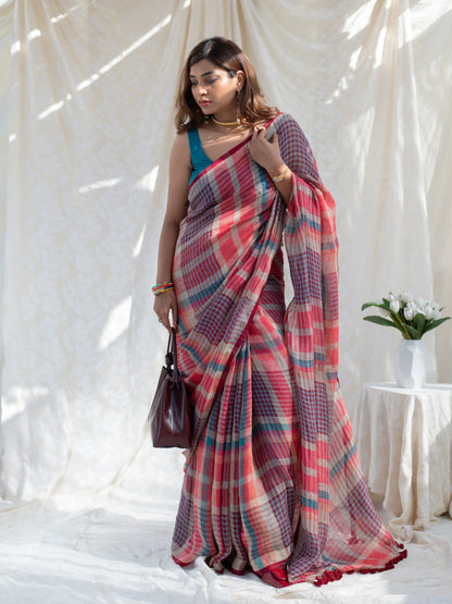 Corner Office - Multicolour Checked Pure Handloom Linen Saree