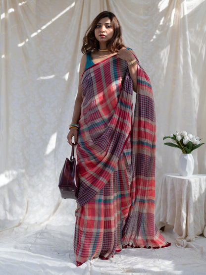 Corner Office - Multicolour Checked Pure Handloom Linen Saree