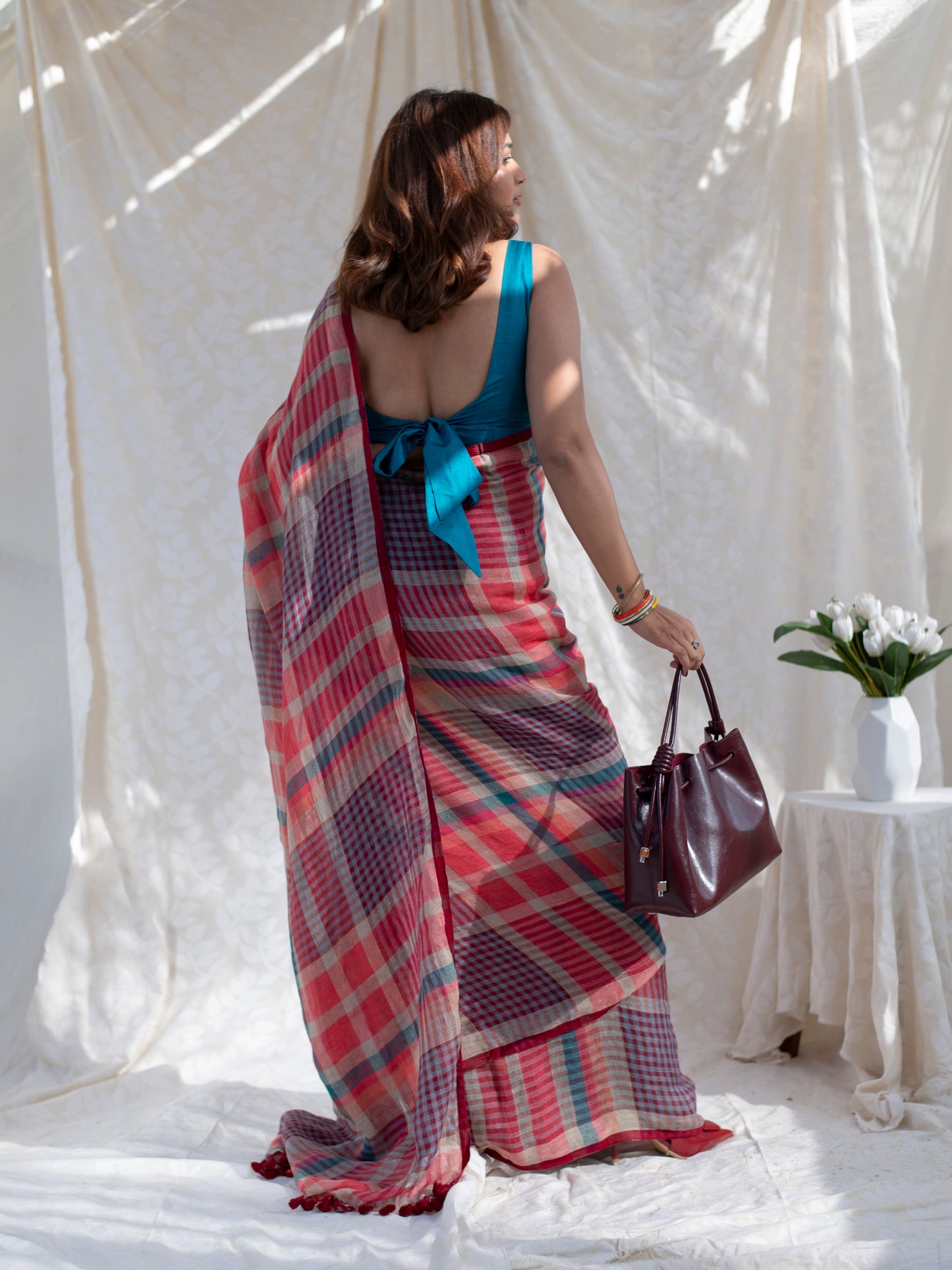 Corner Office - Multicolour Checked Pure Handloom Linen Saree