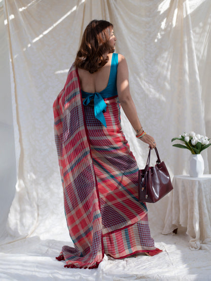 Corner Office - Multicolour Checked Pure Handloom Linen Saree