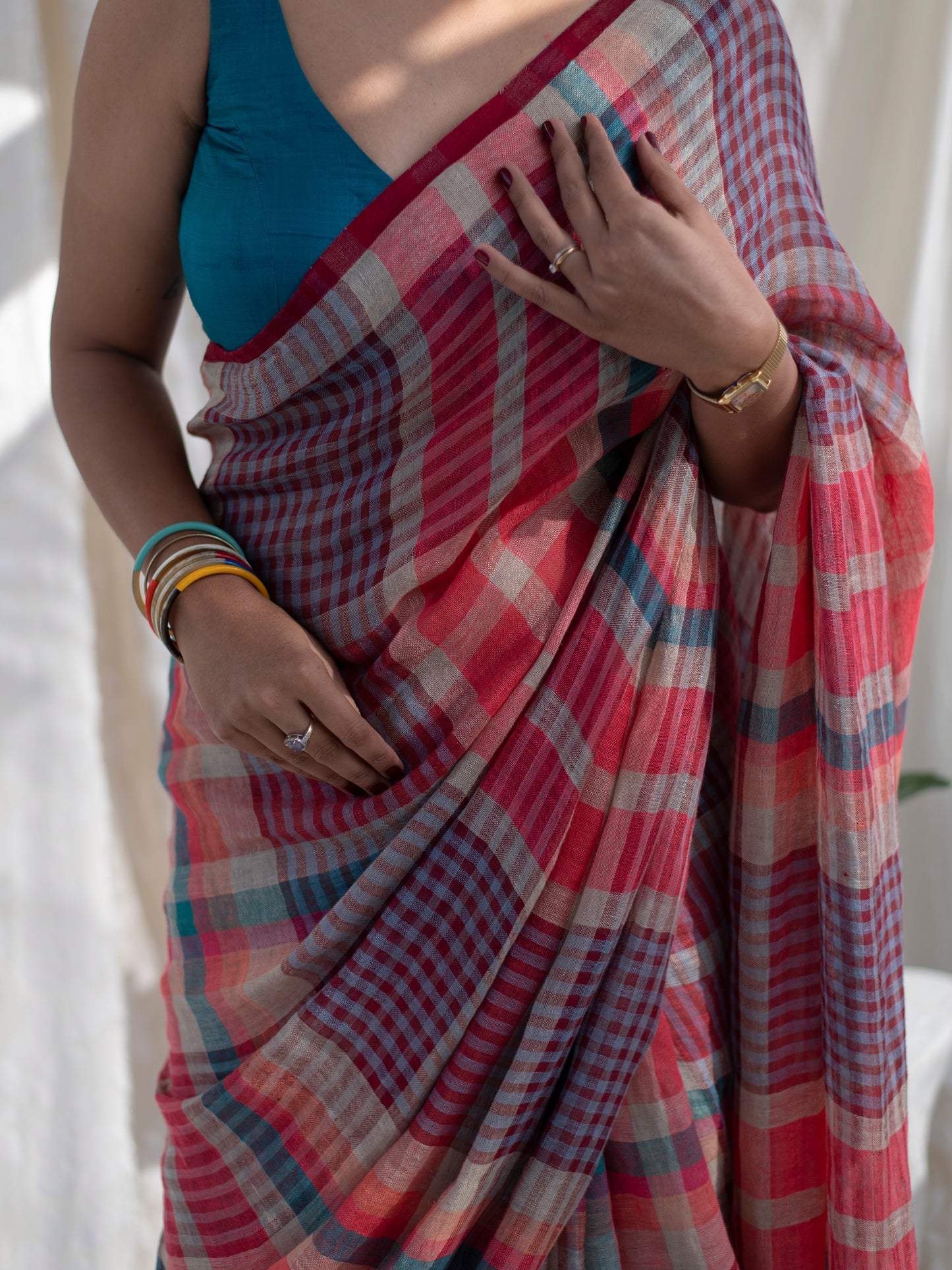 Corner Office - Multicolour Checked Pure Handloom Linen Saree