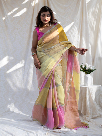 Checkmate - Multicolour Checked Pure Handloom Linen Saree