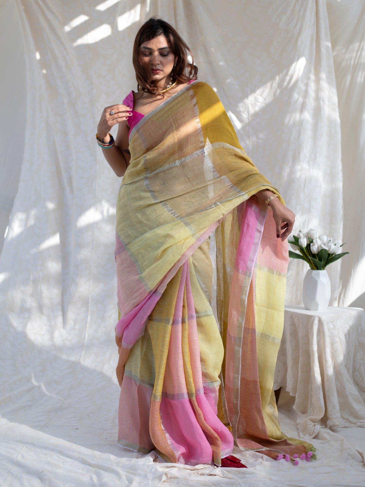 Checkmate - Multicolour Checked Pure Handloom Linen Saree
