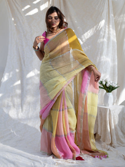 Checkmate - Multicolour Checked Pure Handloom Linen Saree