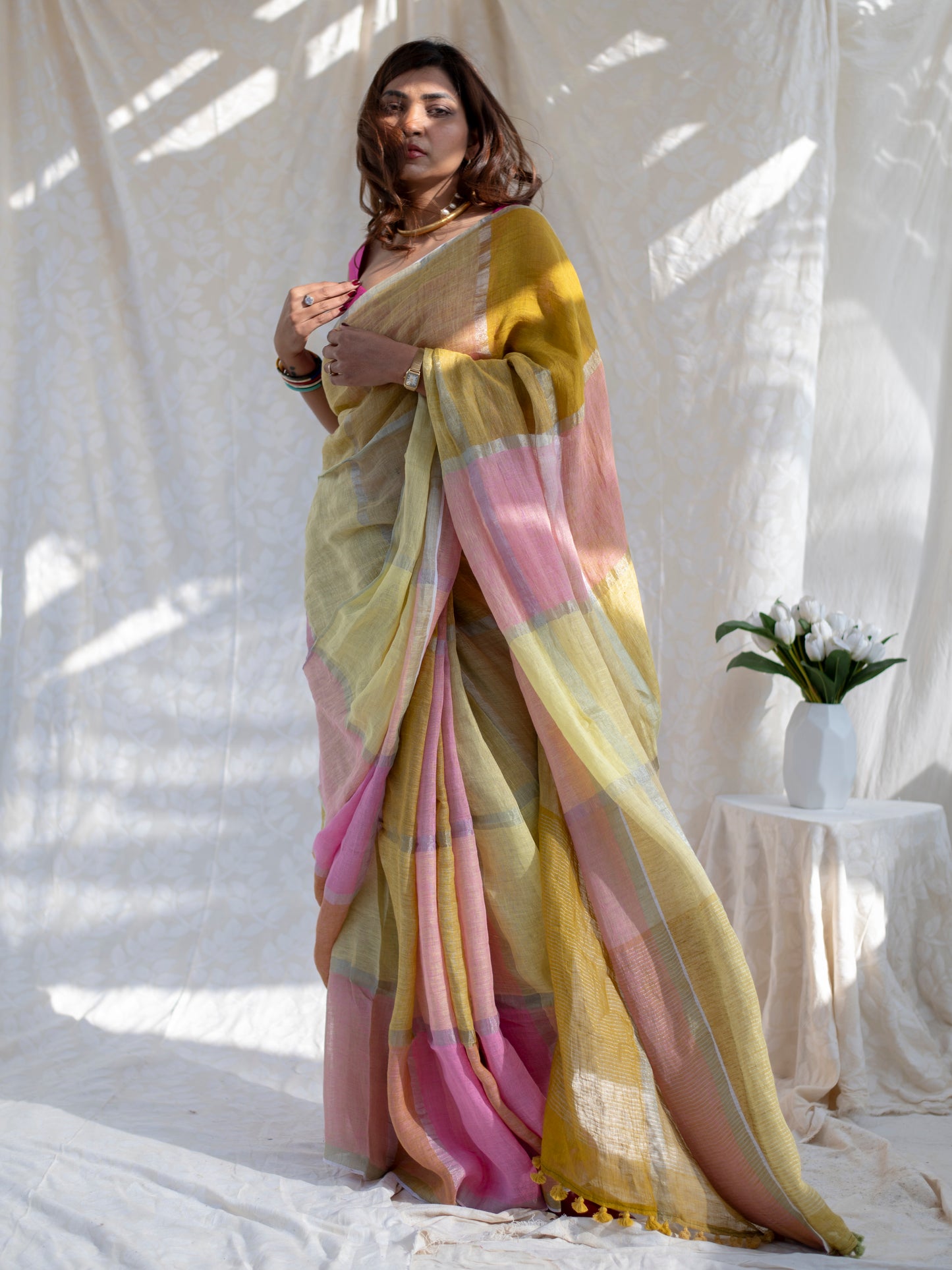 Checkmate - Multicolour Checked Pure Handloom Linen Saree