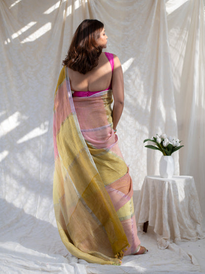 Checkmate - Multicolour Checked Pure Handloom Linen Saree
