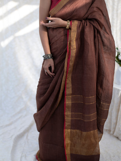 Double Espresso - Brown Pure Handloom Linen Saree with Zari Border