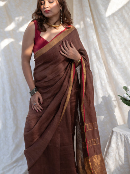 Double Espresso - Brown Pure Handloom Linen Saree with Zari Border