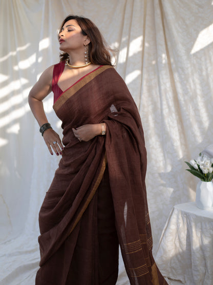 Double Espresso - Brown Pure Handloom Linen Saree with Zari Border
