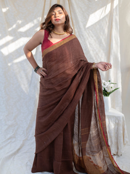 Double Espresso - Brown Pure Handloom Linen Saree with Zari Border