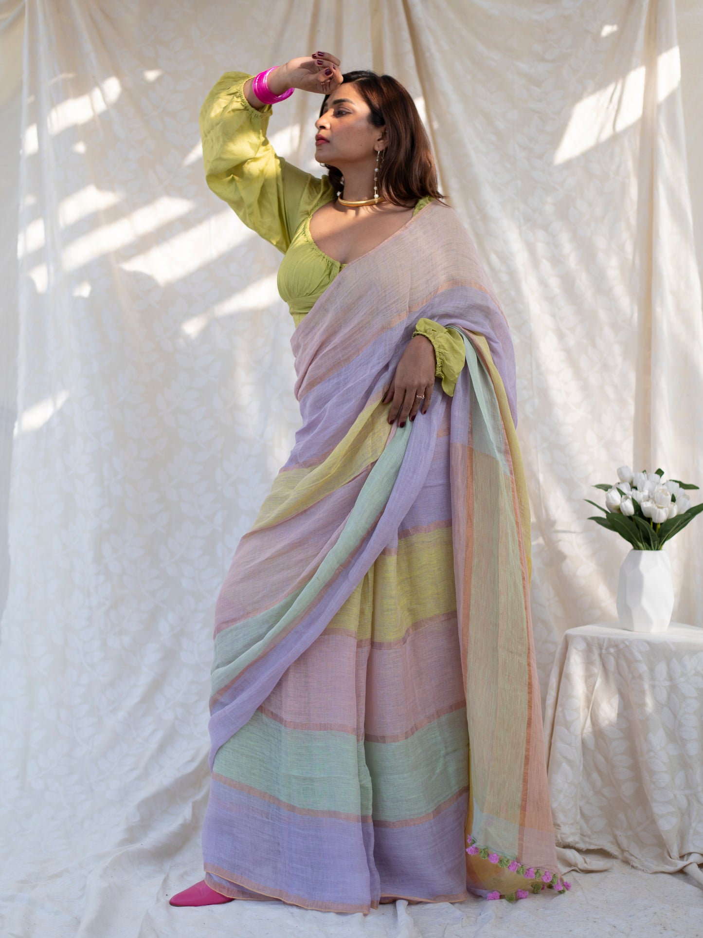 Daybreak - Multicolour Striped Pure Handloom Linen Saree