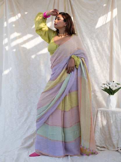 Daybreak - Multicolour Striped Pure Handloom Linen Saree