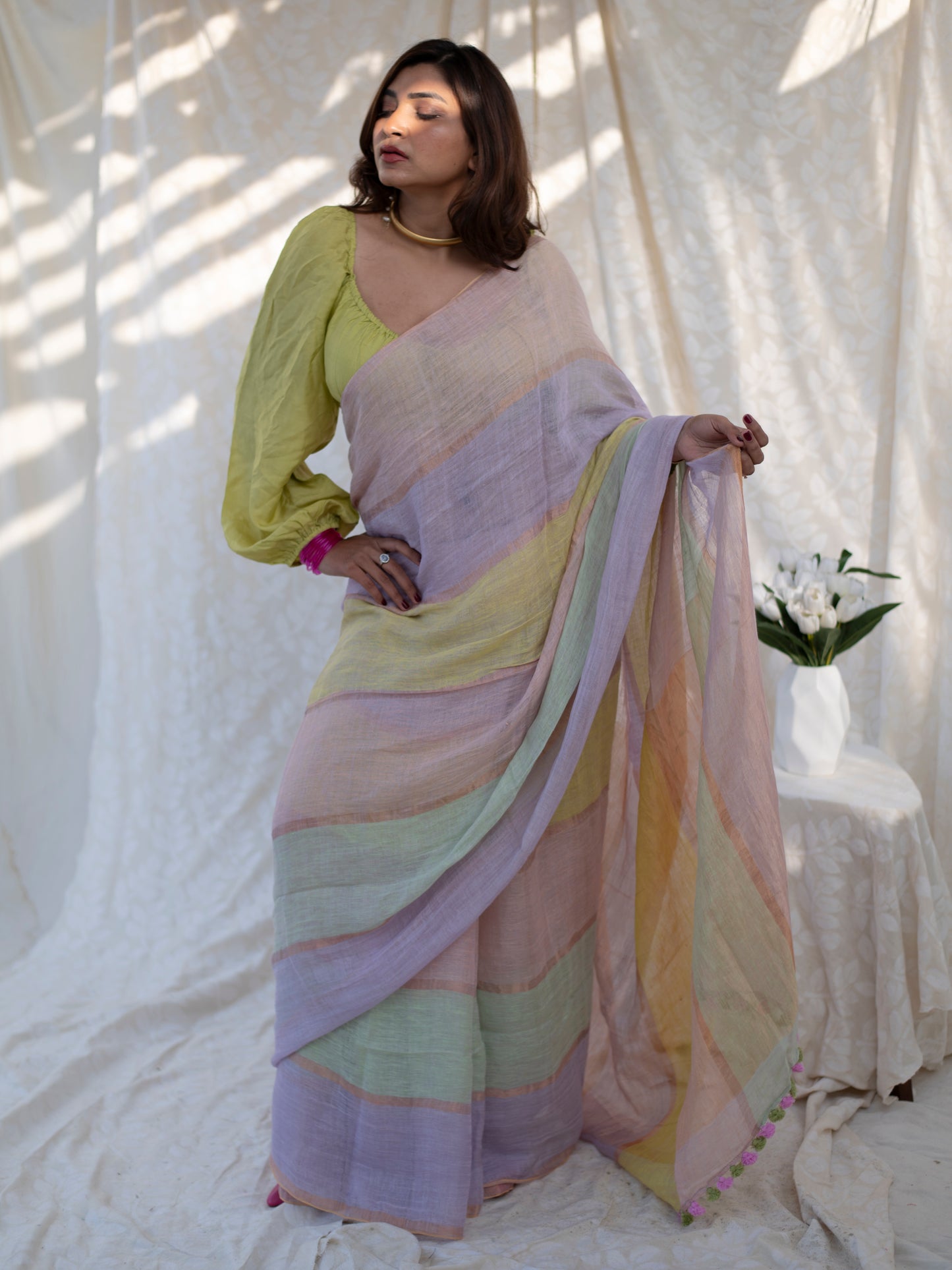 Daybreak - Multicolour Striped Pure Handloom Linen Saree