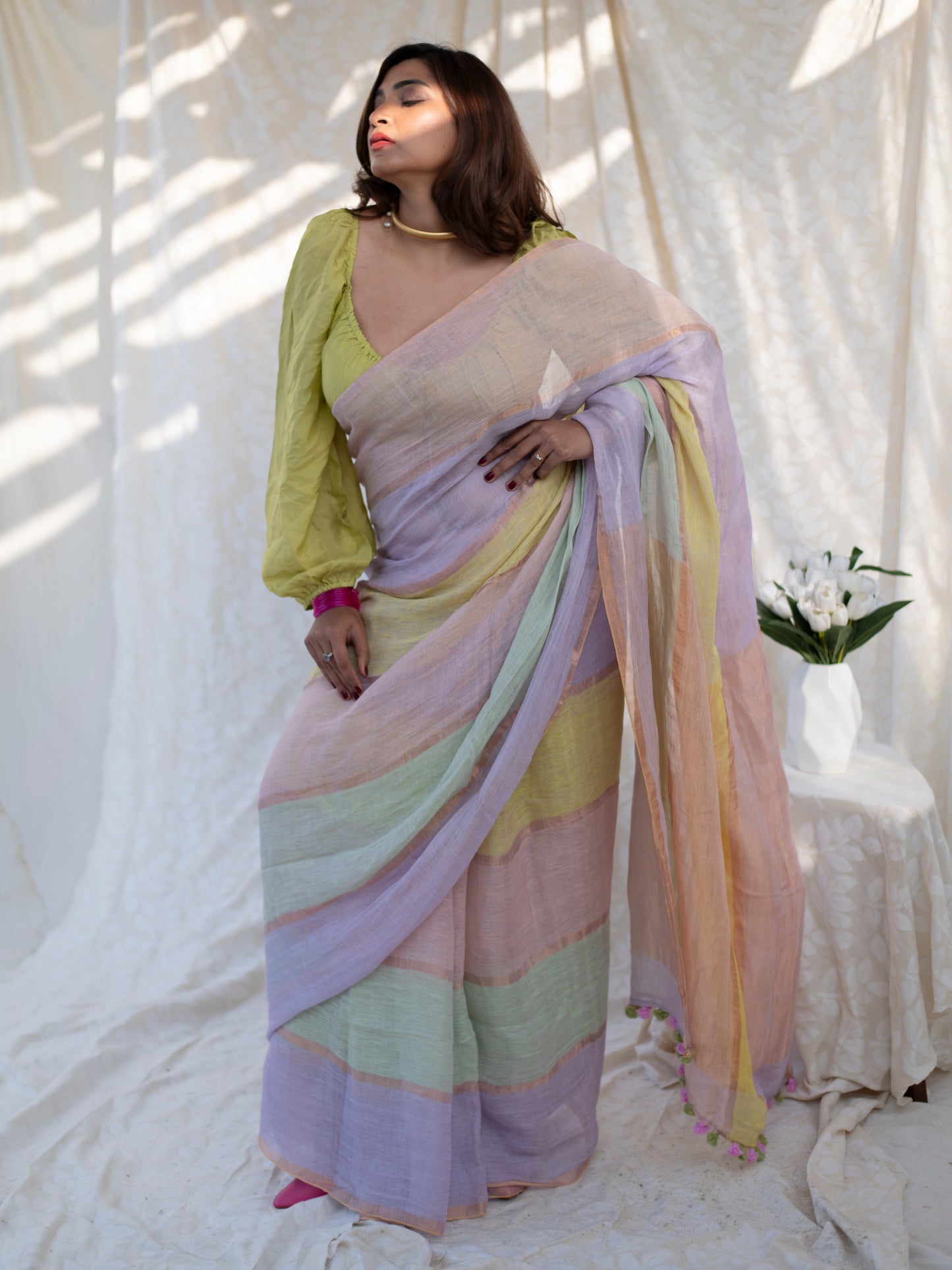 Daybreak - Multicolour Striped Pure Handloom Linen Saree