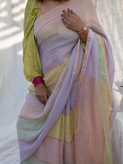 Daybreak - Multicolour Striped Pure Handloom Linen Saree